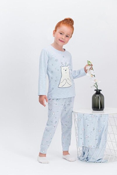 Arnetta Girl's Blue Melange Teddy Bear Pajama Set