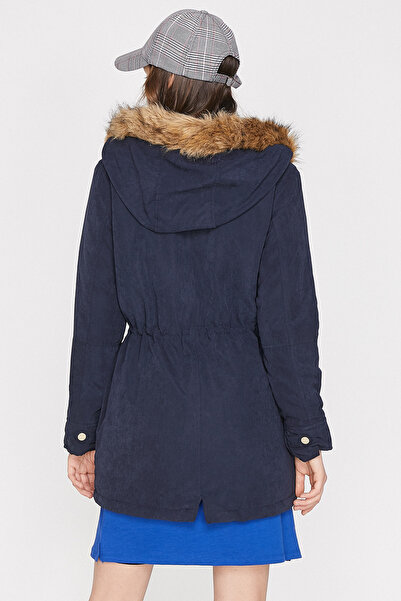 Koton Women's Blue Pocket Detailed Faux Fur Detailed Hooded Coat 9KAL07379JW