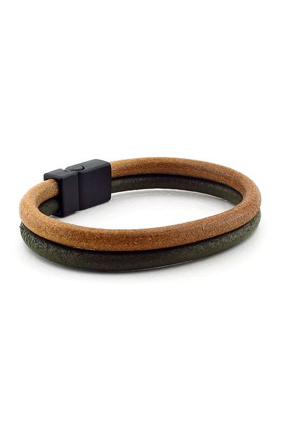 Solfera Men's Khaki Green Tan Black Magnetic Clip Leather Bracelet BT337