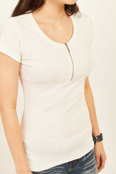 Olalook Γυναικείο T-Shirt καμιζόλα εκρού με φερμουάρ BLZ-19000112