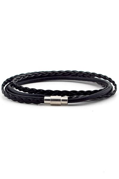 Solfera Men's Silver Color Clip-on Two Sira Wrap Black Leather Bracelet Bt499