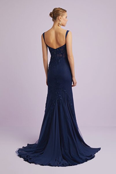 Oleg Cassini Women's Navy Blue Strappy Sequin Embroidered Evening Dress 4XLVC4688