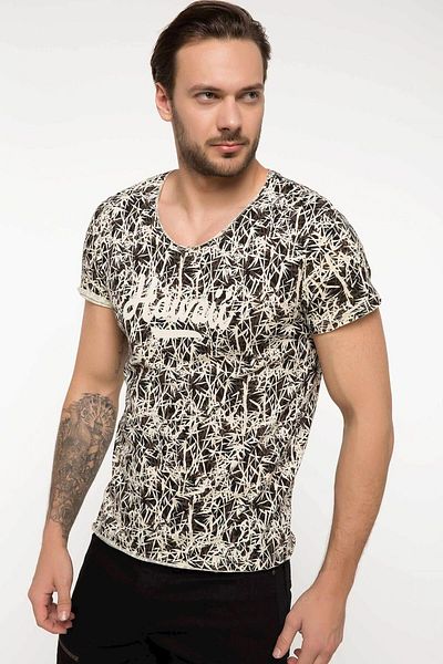 DeFacto Men's Printed Extra Slim Fit V-Neck T-shirt I1623AZ.18SM.BK27