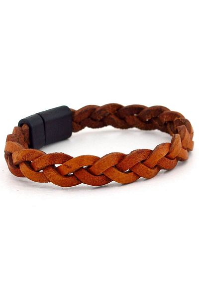 Solfera Men's Original Tan Leather Braided Black Magnet Bracelet Bt515