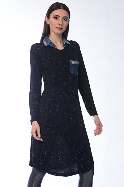 Kuponline Tunică de damă din denim negru cu guler și buzunare 14283-NFS