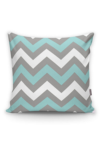 Realhomes Gri Turkuaz Zigzag Desenli Dijital Baskılı Dekoratif Kırlent Kılıfı