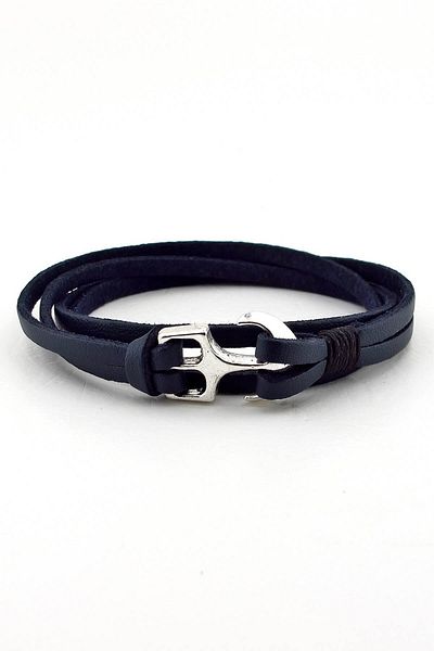 Solfera Men's Double Sira Wrap Navy Blue Leather Anchor Bracelet Bt376