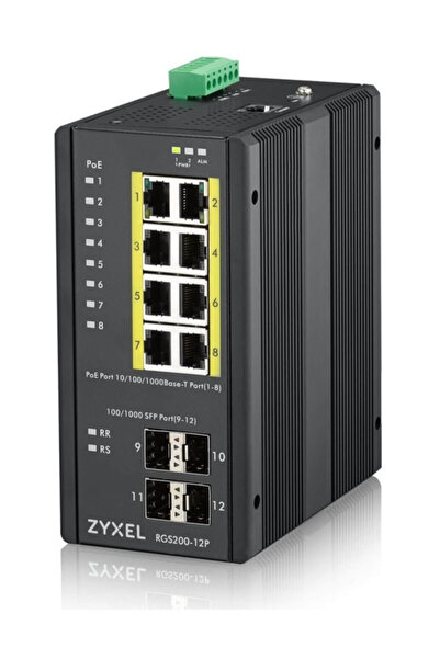 ZyXEL RGS200-12P Индустриален комутатор 8x GbE+4x SFP, PoE, за монтаж на DIN ...