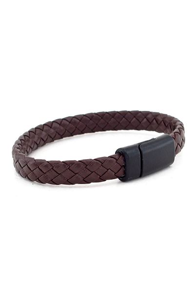 Solfera Men's Black Metal Magnetized Brown Leather Bracelet BT520