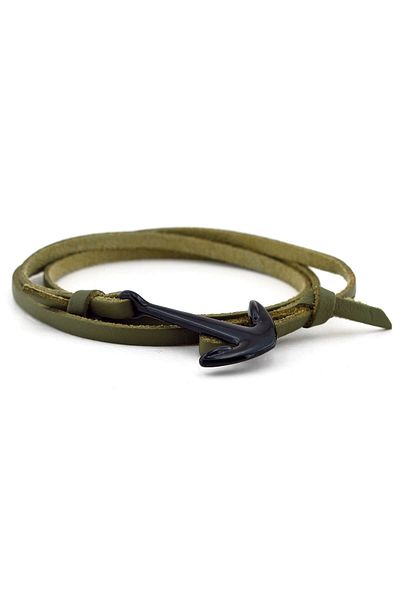 Solfera Men's Black Metal Anchor Original Khaki Green Leather Bracelet BT450
