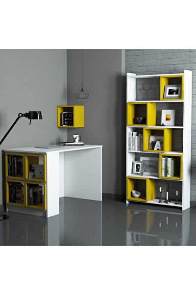 Variant Mobilya Box Çalışma Masası Ve Kitaplık Takımı Beyaz Sarı