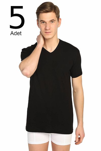 Tutku Men's Black 5-Pack Ribbed V-Neck Undershirt ELF568T0107CCM5