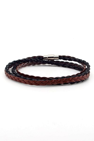 Solfera Men's Brown Black Knitted Leather Wrap Bracelet with Two Rows BT355