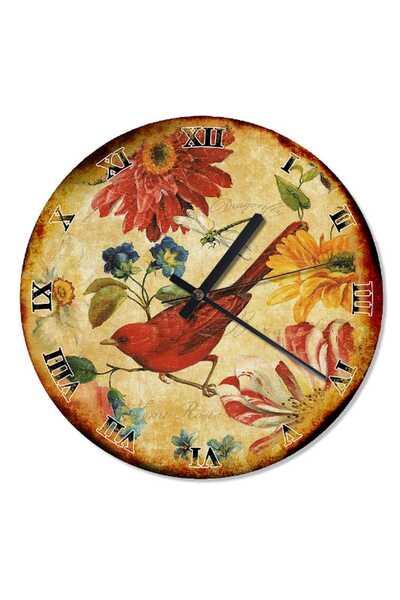 Generic Brand 30 cm Diameter Red Bird and Flowers Printed Wall Clock