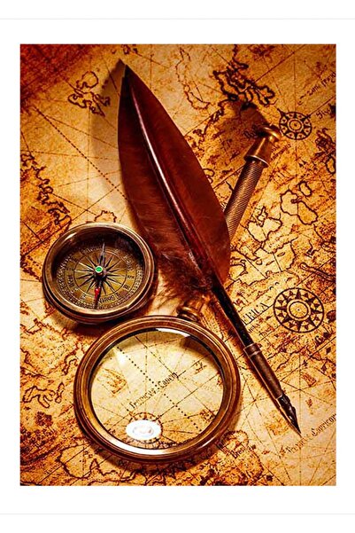 Cakatablo 50cmX70cm Ahşap Tablo Eski Harita Ve Pusula