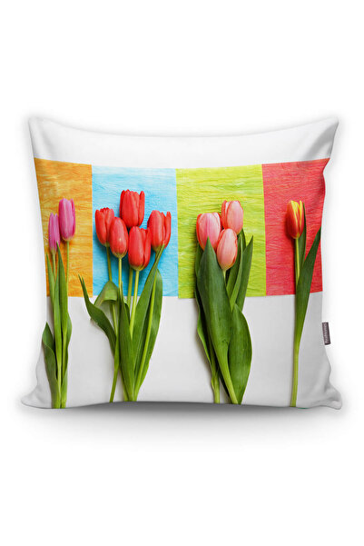 Realhomes Lale Desenli Dijital Baskılı Dekoratif Yastık Kırlent Kılıfı