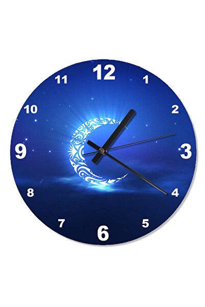 Genel Markalar 30 Cm Çap Lacivert Zeminde Desenli Ay Çocuk Odası Duvar Saati