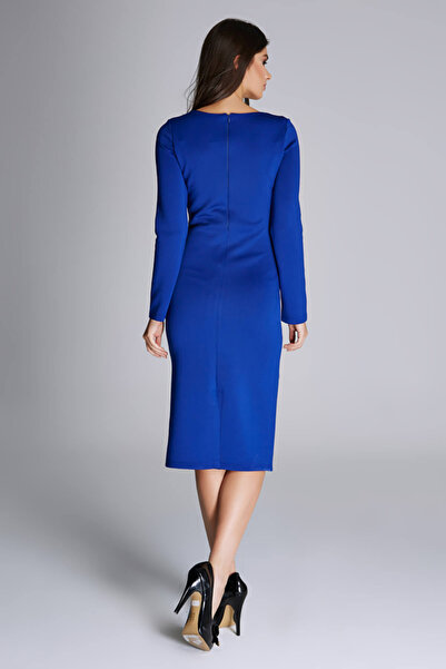 Laranor Kadın Saks Astarlı Kare Yaka Scuba Krep Kalem Elbise 14L4056