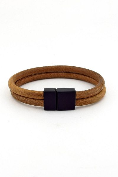 Solfera Men's Double Sira Tan Genuine Leather Black Clip Bracelet Bt378