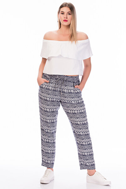 MYLİNE Pantaloni albi cu imprimeu pentru femei, cu talie elastică PP3A