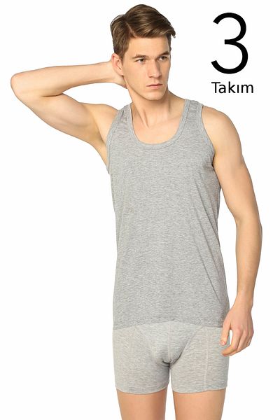 Tutku Ανδρική γκρι φόρμα μπόξερ 3 συσκευασιών με ραβδώσεις Lycra ELF568T 01020114 CCM3