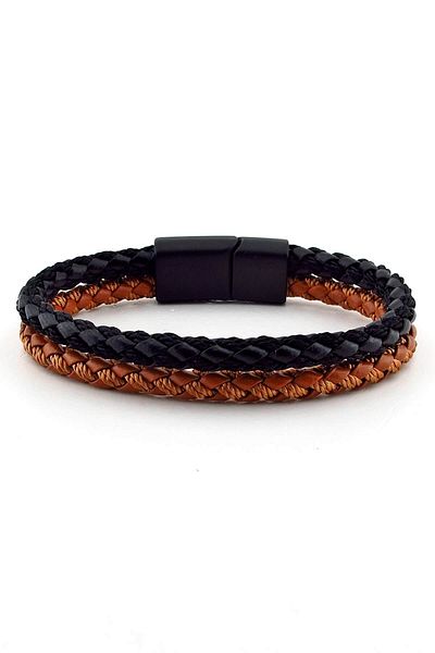 Solfera Men's Tan Black Leather Rope Braided Black Magnet Bracelet Bt379