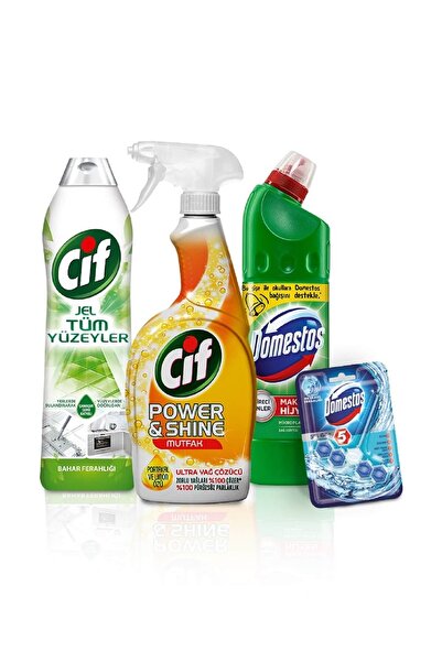 Domestos 750 ML + Cif Sprey Power & Shine Mutfak 750 ml + Cif Jel 750 ml + Domestos WC Blok 5'li Güç