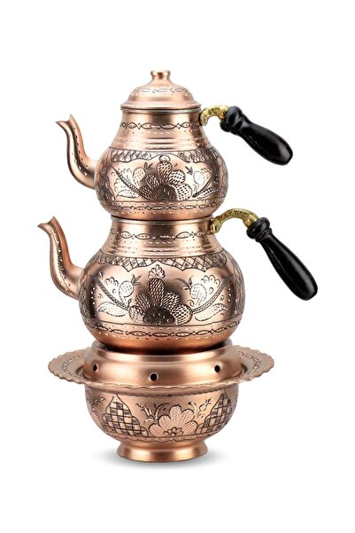 Sonay Bakırcılık 1 Mm Kalın Gül Çiçek Eskitme Bakır Çaydanlık Ve Osmanlı Ocağı
