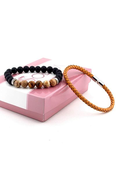 Solfera Men's Matte Sand Jasper Natural Stone and Leather Bracelet Bk036