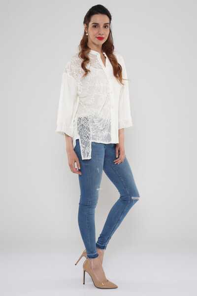 Hanna's by Hanna Darsa Kadın Beyaz Dantel Detaylı Önden Düğmeli Gömlek