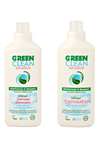 Green Clean Sensitive Bitkisel Çamaşır Deterjanı 1 lt + Yumuşatıcı 1 lt (Parfümsüz & Boyasız)