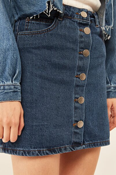 Olalook Kadın Mavi Düğmeli Cepli Denim Etek ETK-19000024
