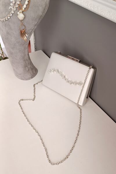 LA CALZATURE Geantă de damă rochie de seară din satin sidef cu mâner și lanț ...