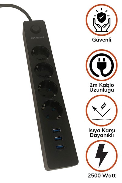 Buffer ® Termak Akım Korumalı 4 Priz 3 Usb Girişli Uzatma Kablosu Güç&şarj