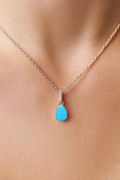 Eva Jewelry Firuze Mistik Topaz Taşlı 14k Rose Gold Kaplama Kadın Kolye