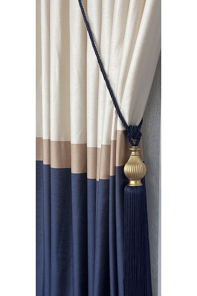 Yuka Adde Milano Panel Background Curtain Beige Navy Blue Mink Striped Single Wing Closely Pleated Jacquard Modern 80 x 250