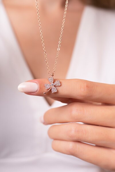 Eva Jewelry Yonca Motifli Beyaz Taşlı 14k Rose Gold Kaplama Kadın Kolye