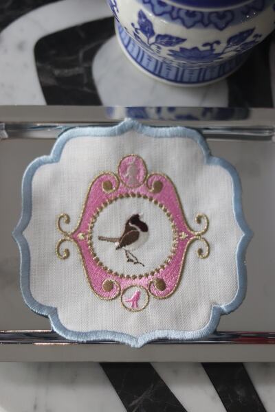 EKKE HOME Set of 2 Blue Embroidered Cocktail Napkins with Bird Pattern