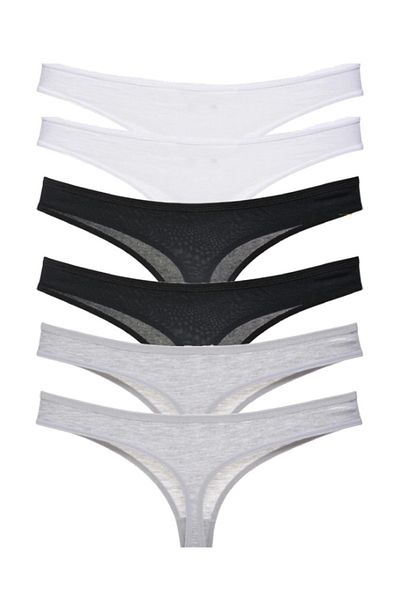 FOURAA Women's Black-white-gray Cotton Brazilian String Thong 95% Cotton - Pack of 6