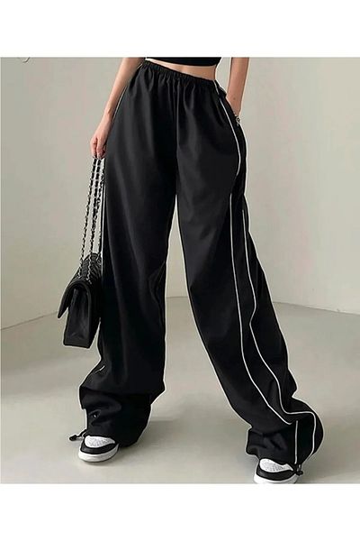 Gofeel Black Colored Striped Wide Leg Unisex Sweatpants