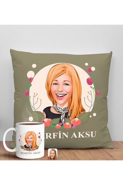 Bk Gift Kişiye Özel Karikatürlü Anneler Günü Tasarımlı Haki Kırlent Yastık Ve...