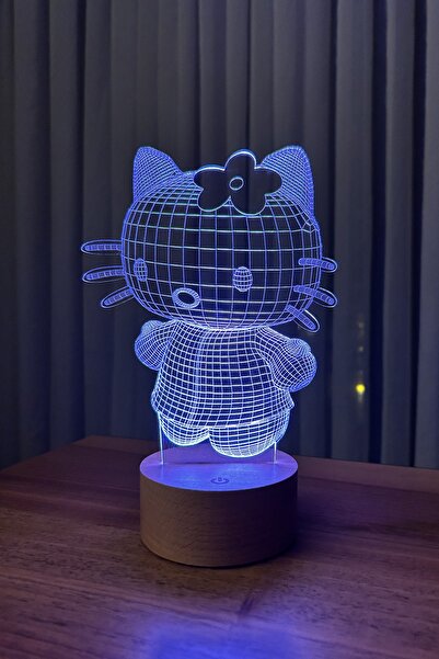 BY-LAMP Hello Kitty Figürlü Led Gece Lambası | 7 Işık Rengi | Ahşap Taban