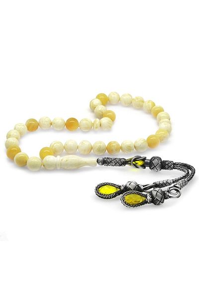 Tesbihane 1000 Sterling Silver Kazaz Tasseled Globe Cut King Seccer Yellow-white Moire Drop Amber Prayer Beads