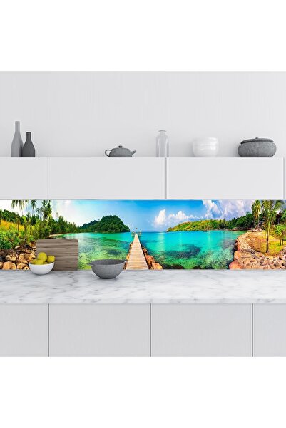 StickerArt Mutfak Tezgah Arası Folyo Fayans Kaplama Folyosu Tropikal Iskele 60x400 Cm