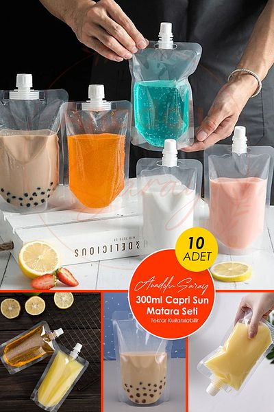 Anadolu Saray Çarşısı 10 Reusable 300ml Capri Sun Flask Set |   Coffee Milk Water Bag Flask Bpa Free