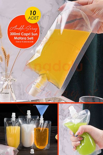 Anadolu Saray Çarşısı 10 Reusable 300ml Capri Sun Flask Set |   Coffee Milk Water Bag Flask Bpa Free