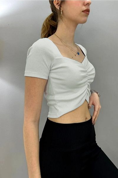 Tam Moda Γυναικεία Crop Smocked Μπλούζα Εκρού Καμιζόλα μπροστά