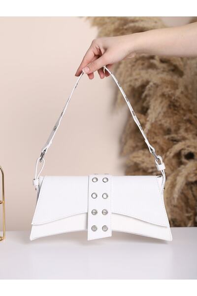 Modamorfo Asymmetric Baguette Bag with Handle and Eyelet Detail