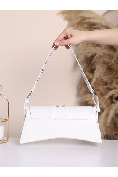 Modamorfo Asymmetric Baguette Bag with Handle and Eyelet Detail