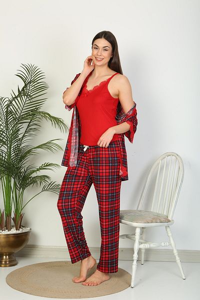 Tamay Boxer Summer Set (Rope Strap Pajama Bottoms with Dressing Gown) Three Piece Set Pegasus Fabric Plaid Patterned